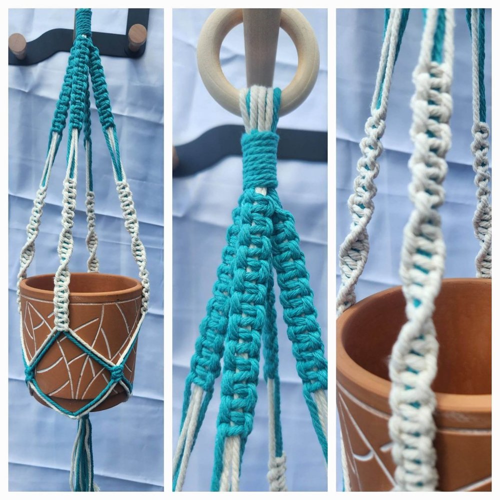 Handmade Homemade Macrame Plant Hanger in Bright Teal & white Chain